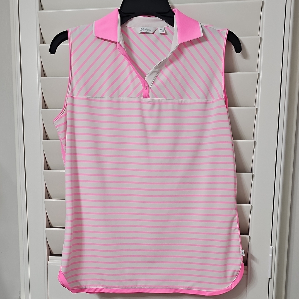 Lady Hagen Pink and White Striped Golf Polo